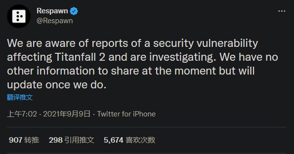 虚惊一场 重生回应《泰坦陨落2》安全隐患传闻